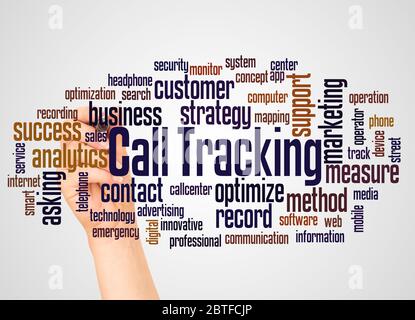 Call Tracking (marketing technology) word cloud and hand with marker concept on white background. Stock Photo
