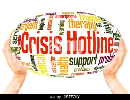 Crisis hotline word hand sphere cloud concept on white background. Stock Photo