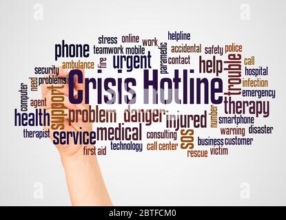 Crisis hotline word cloud and hand with marker concept on white background. Stock Photo