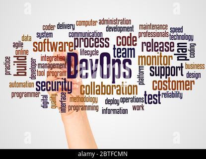 DevOps word cloud and hand with marker concept on white background. Stock Photo