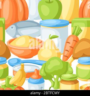 Seamless pattern with baby food items. Stock Vector
