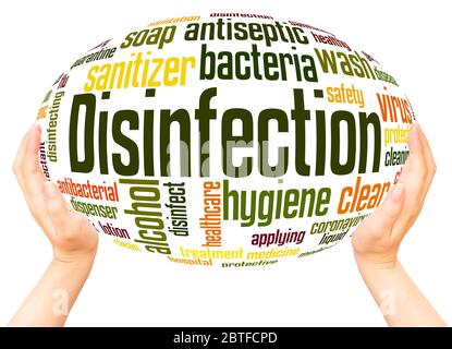 Disinfection word hand sphere cloud concept on white background. Stock Photo