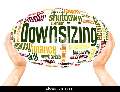 Downsizing word hand sphere cloud concept on white background. Stock Photo