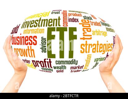 ETF exchange trades funds word hand sphere cloud concept on white background. Stock Photo