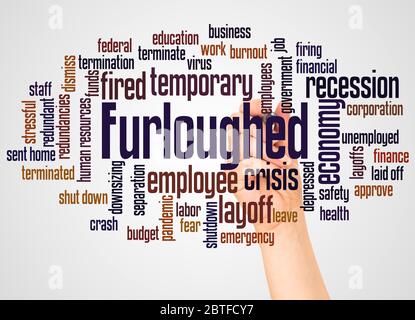 Furloughed word cloud and hand with marker concept on white background. Stock Photo