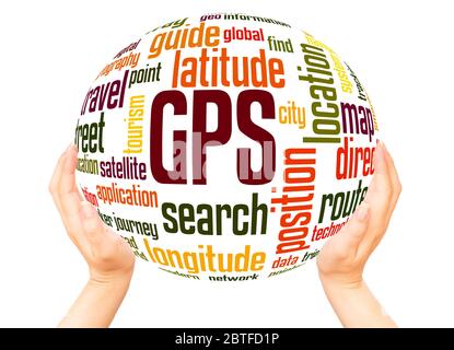 GPS - Global Positioning System word hand sphere cloud concept on white background. Stock Photo