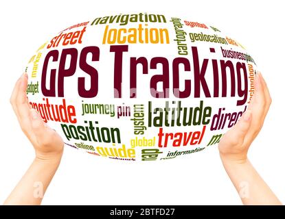 GPS tracking word hand sphere cloud concept on white background. Stock Photo