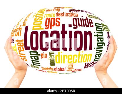 Location word hand sphere cloud concept on white background. Stock Photo