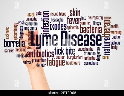 Lyme disease word cloud and hand with marker concept on white background. Stock Photo