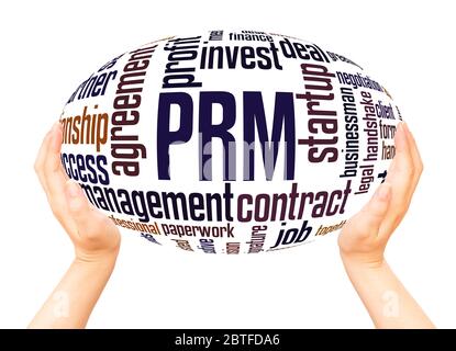 PRM - partner relationship management word hand sphere cloud concept on white background. Stock Photo