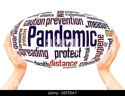 Pandemic word hand sphere cloud concept on white background. Stock Photo