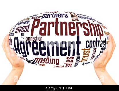 Partnership agreement word hand sphere cloud concept on white background. Stock Photo