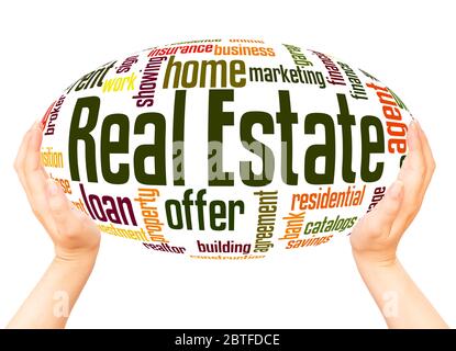 Real Estate word hand sphere cloud concept on white background. Stock Photo