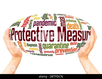 Protective measure word hand sphere cloud concept on white background. Stock Photo