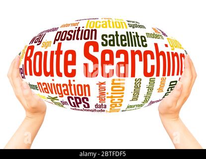 Route searching word hand sphere cloud concept on white background. Stock Photo