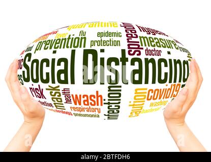 Social distancing word hand sphere cloud concept on white background. Stock Photo