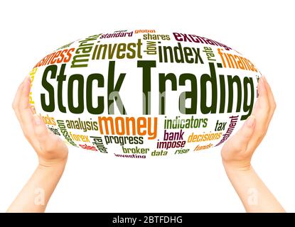 Stock trading word hand sphere cloud concept on white background. Stock Photo
