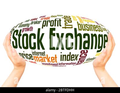 Stock exchange word hand sphere cloud concept on white background. Stock Photo