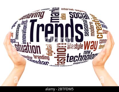 Trends word hand sphere cloud concept on white background. Stock Photo