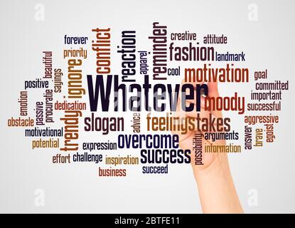 Whatever word cloud and hand with marker concept on white background. Stock Photo