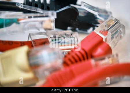 Close-up image of a variety of colourful networking cables and connectors, blurred background. Stock Photo