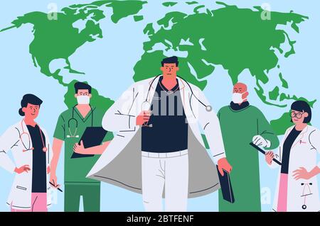 Illustration of Health care workers stand united in front of a green world map fight the novel Corona Virus (Covid-19) flu disease pandemic. Empty cop Stock Photo