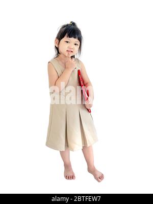 Creative smart good-looking blond little girl student raise index finger, answer question in school smiling look clever and self-assured, express conf Stock Photo