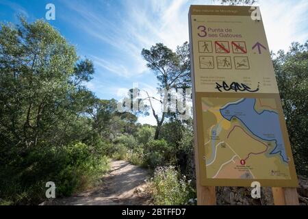 start of the route Punta De Ses Gatoves, Mondragó Natural Park, Santanyí municipal area, Mallorca, Balearic Islands, Spain. Stock Photo