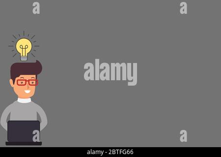 Caricature or illustration of a smart smiling engineer / businessman working on a laptop and getting a brilliant business idea shown through a light b Stock Photo