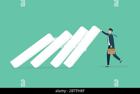 Man stopping falling domino, Coronacrisis, risk, management Stock Vector