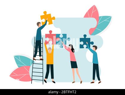 Team members working together to achieve common goal, doing puzzle together, vector illustration in flat style Stock Vector
