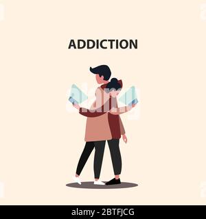 Internet addiction. Millennial couple staring into smartphones while hugging, vector illustration in flat style Stock Vector