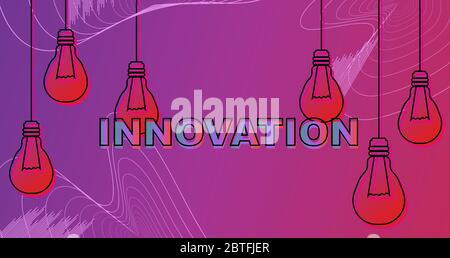 Hanging light bulbs and word INNOVATION on purple gradient background, vector illustration Stock Vector