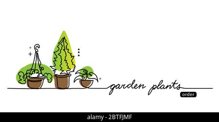 Garden plants in the pots vector sketch, web banner, illustration, background. One continuous line drawing banner with green garden plants Stock Vector