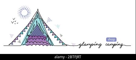 Glamorous camping concept. Vector tent, camp simple web banner. Glamping camping lettering. Sketch illustration, background, poster, banner.One Stock Vector