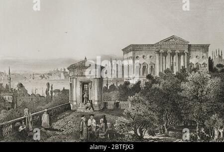 Ottoman Empire. Turkey. Constantinople (today Istanbul). Panoramic from one of the terraces of the French Palace, near the Palace of Venice. Engraving by Lemaitre and L. Thienon. Historia de Turquia by Joseph Marie Jouannin (1783-1844) and Jules Van Gaver, 1840. Stock Photo