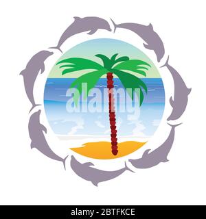 beach paradise with palm and dolphin vector illustration Stock Vector