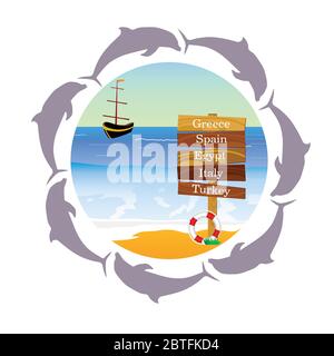 beach paradise with dolphin vector illustration Stock Vector