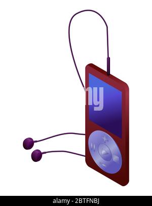 Vector modern mp3 player with earphones and display isolated on white background. Red isometric player Stock Vector