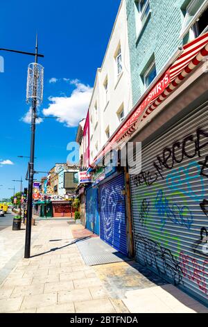 25 May 2020 London, UK - Shops on the usually packed Camden High Street are shut down during the Coronavirus pandemic lockdown Stock Photo