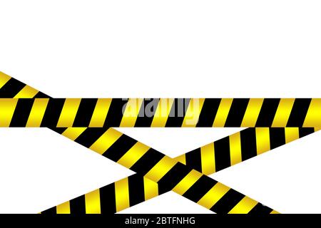 Black and yellow caution striped tapes crossed barrier tapes isolated on white background. Police Stripe Caution Border. Stock Photo