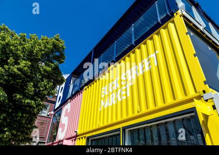 Buck Street Market made out of shipping containers, a new artisanal and food market in Camden, London, UK Stock Photo