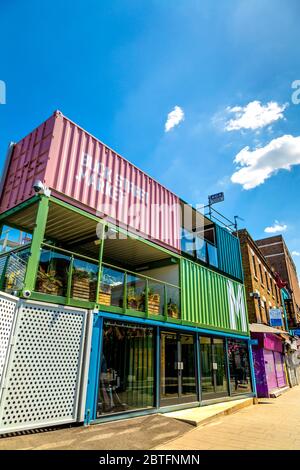 Buck Street Market made out of shipping containers, a new artisanal and food market in Camden, London, UK Stock Photo