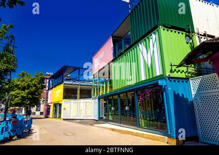 Buck Street Market made out of shipping containers, a new artisanal and food market in Camden, London, UK Stock Photo