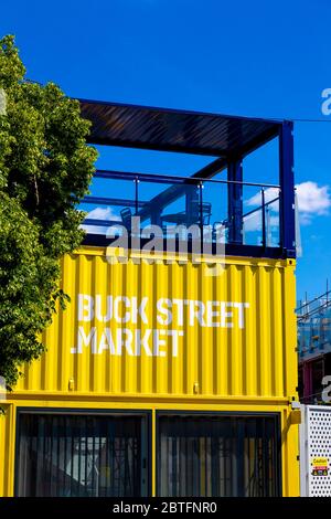 Buck Street Market made out of shipping containers, a new artisanal and food market in Camden, London, UK Stock Photo