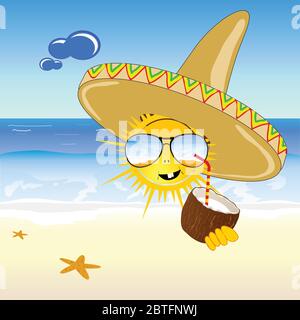 coconut and sun on the beach vector illustration Stock Vector