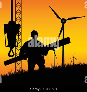 construction worker builds windmills vector illustration on a color background Stock Vector