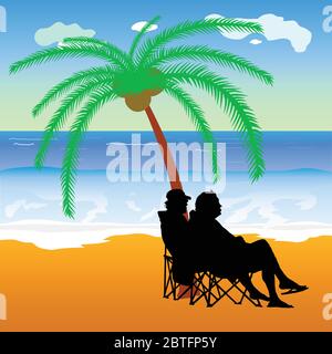couple sitting under palm on the beach illustration Stock Vector