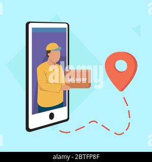 Online Delivery Concept. Courier from the telephone delivers the package to the address, geolocation Stock Vector