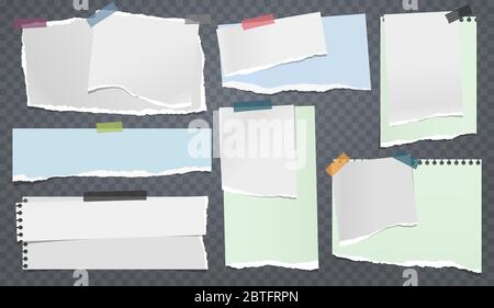 Torn white and colorful note, notebook paper strips and pieces stuck with sticky tape on dark squared background. Vector illustration Stock Vector